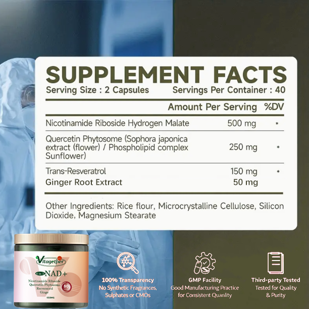 Vitagether NAD+ Supplement, Liposomal Nicotinamide Riboside, Resveratrol Quercetin, NMN Supplement Alternative for Anti-Aging, Energy, Focus, for Women and Men, 80 Capsules
