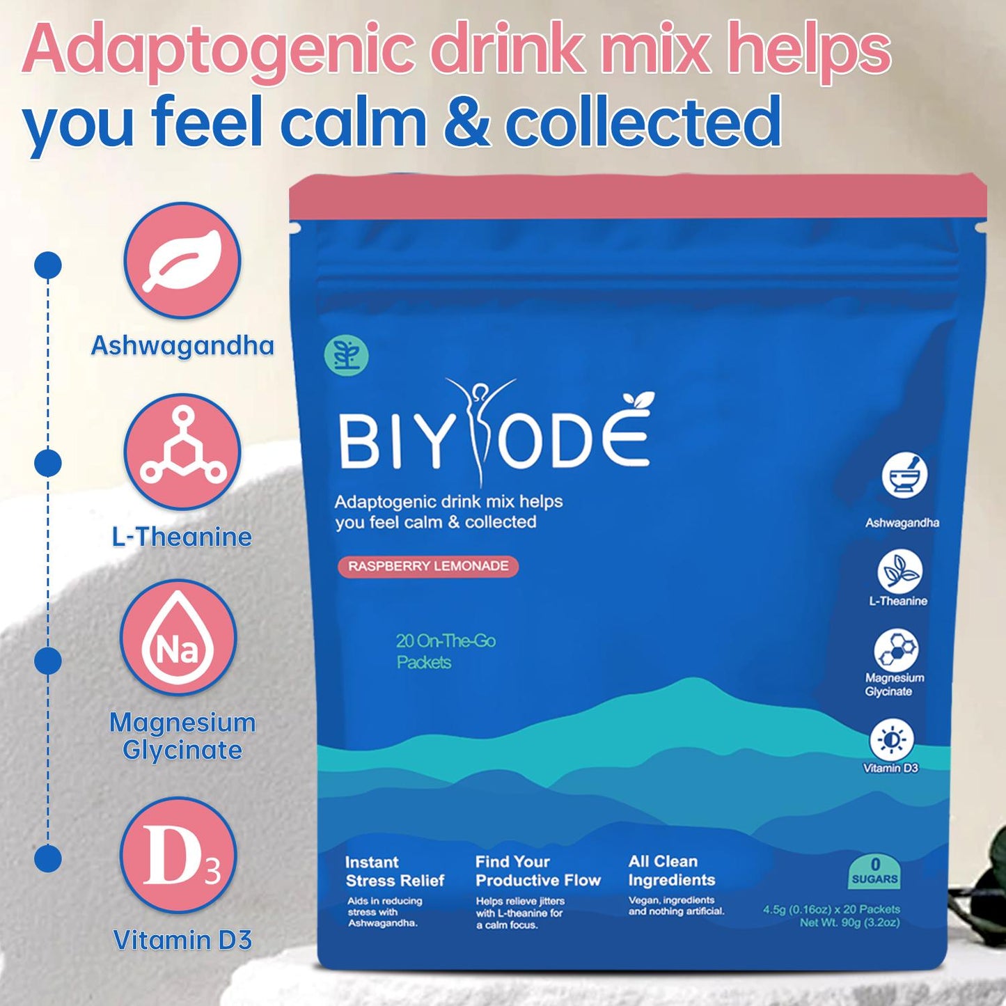 Calming Drink Mix with KSM-66 Ashwagandha, Vitamin D3, Magnesium & L-Theanine – Supports Cortisol Balance, Mood & Sleep, Helps Manage Occasional Stress – Travel Packets (20 Servings)