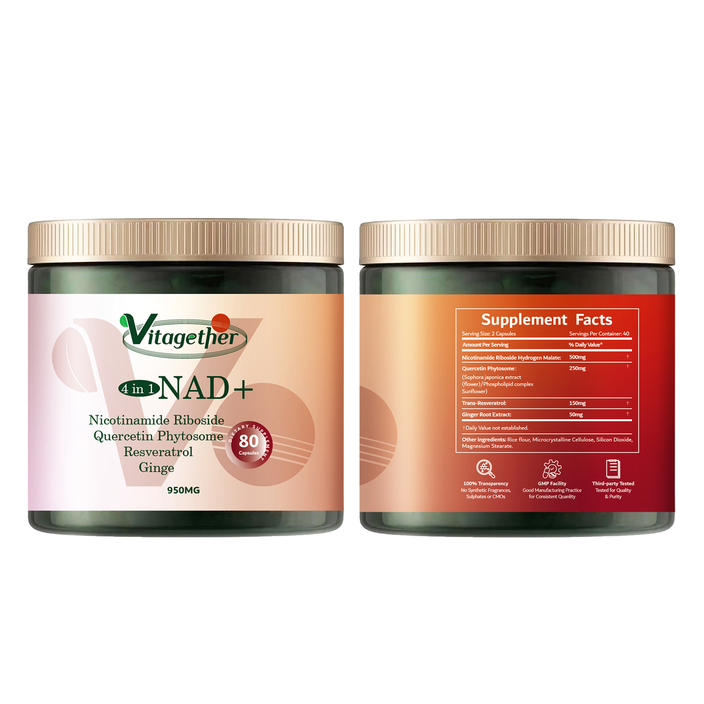 Vitagether NAD+ Supplement, Liposomal Nicotinamide Riboside, Resveratrol Quercetin, NMN Supplement Alternative for Anti-Aging, Energy, Focus, for Women and Men, 80 Capsules