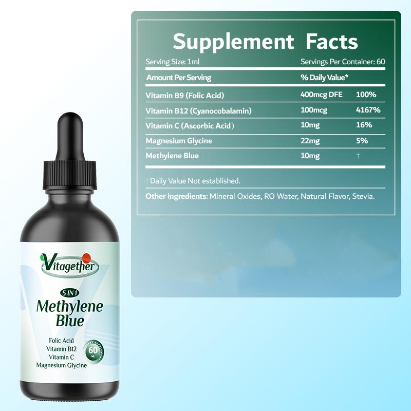 Vitagether 5-in-1 Methylene Blue 60ML-Magnesium Glycine,Folic Acid,Methylene Blue Vitamin B12, Vitamin C supplements
